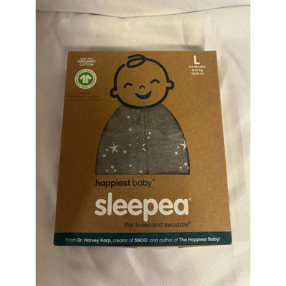 New Happiest Baby Sleepea 5 Second Swaddle 4-6 Months Large Graphite Stars